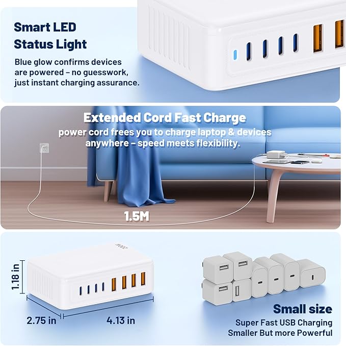 Essri 8-Port USB C Charging Station,65W GaN USB C Charger Block,PD 3.0 Desktop Charger, Power Strip Adapter Compatible with iPhone 17/16/15/14,MacBook Air/Pro,DELL, iPad Pro,Galaxy and More,White