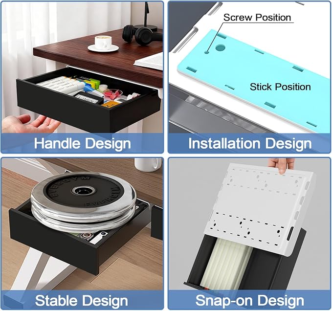 SVNNELP Under Desk Table Drawer Storage Organizer,3 Pack Large & Medium & Small Slide Out Desk Drawers - Hidden Desktop Organizer,Adhesive Storage Pencil Tray Under Table(BLACK/LMS)