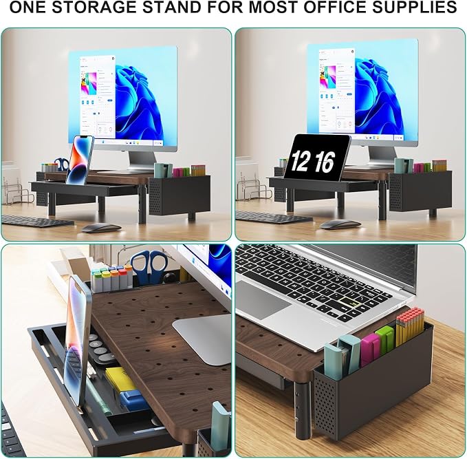 WALI Plastic Computer Monitor Stand with Storage, Desk Organizer with Drawer and Pen Holder, Desk Monitor Riser 3 Height Adjustable, Laptop Riser for Computer, Laptop, Printer(PTT003-C), 1 Pack, Brown