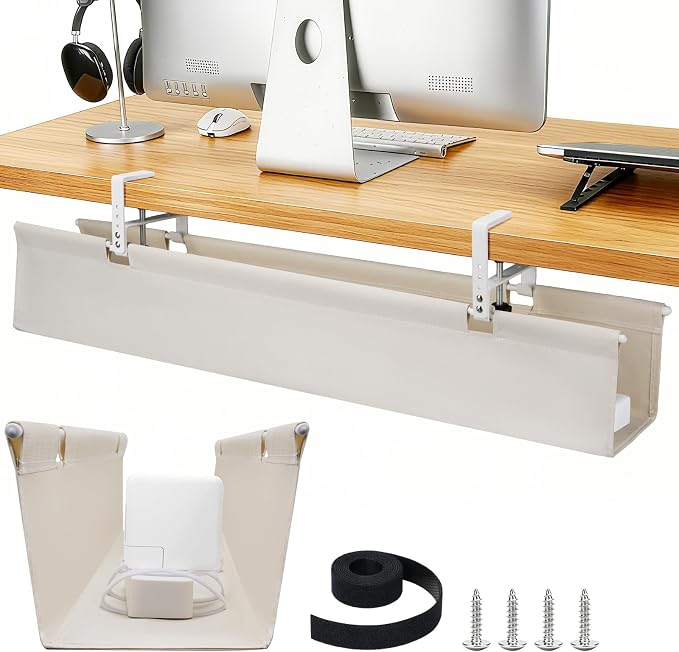 SHUWEI 36" Under Desk Cable Management Tray, Premium Fabric Cable Management for Desk, Clamp/Screw Mount Cable Tray for Office and Home (Off White, 36" L)