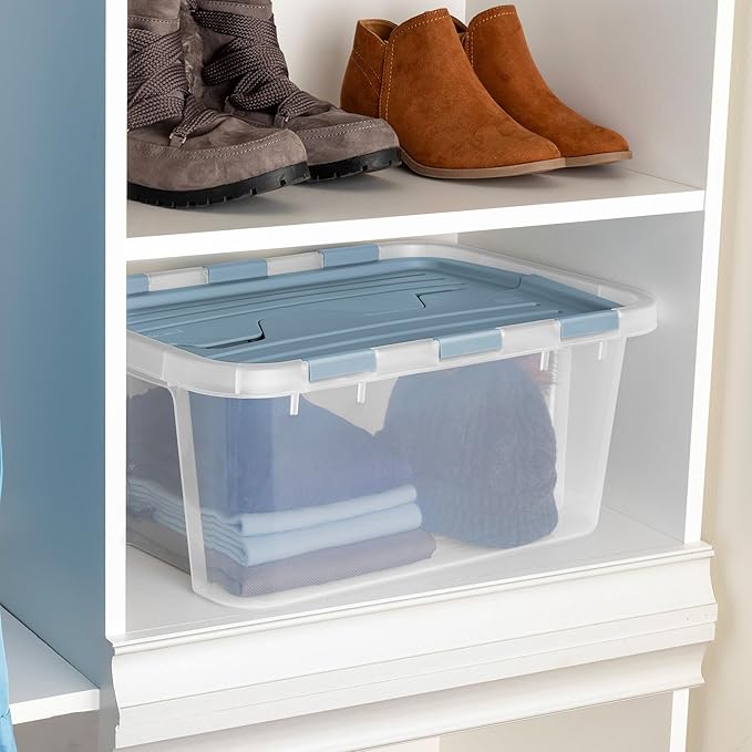 Sterilite 6 Pack Hinged Lid Storage Box, 20 Qt Plastic Container, Washed Blue - Home Organizer Tote for Storing Shoes, Crafts, Clothing, or Decor