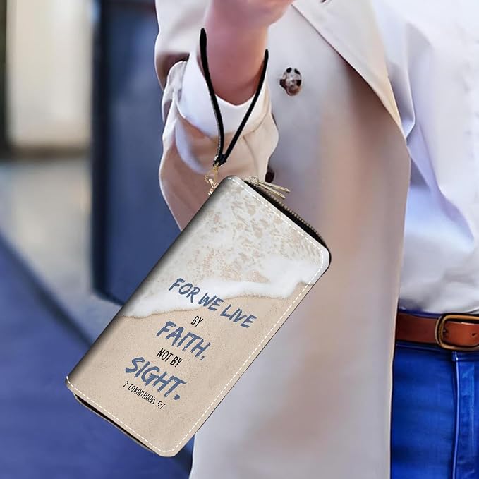 Women's Large Capacity Wallet PU Leather Double Zipper Clutch Purse Multifunctional Wallet with Removable Wristlet Strap for Smart Phone/Coin/Card/Cash, Beach Waves Quote 2 Corinthians 5:7