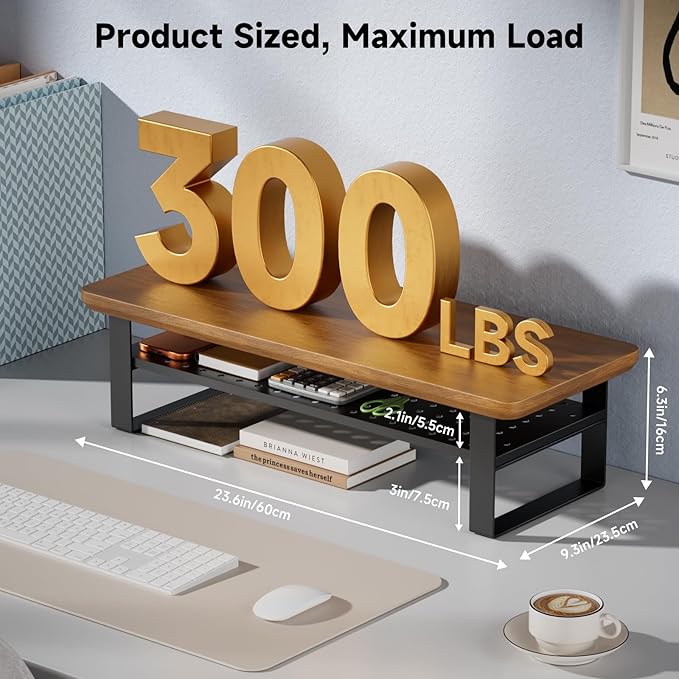 Monitor Stand Riser, 24 Inch Computer Monitor Stand for Desk, 2-Tier Wood Desk Shelf Organizer with Storage, Desktop Stand for Laptop/Screen/PC/Printer, Ergonomic Home Office Monitor Stand