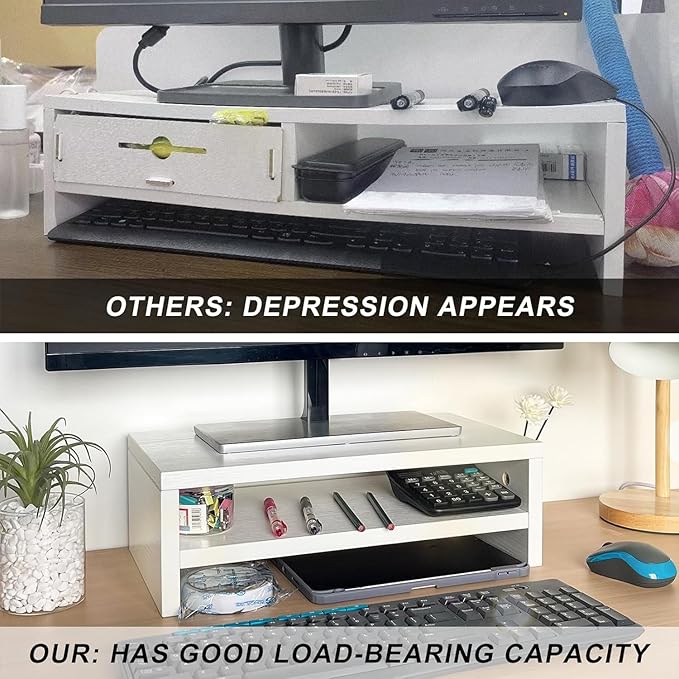 2 Tiers Monitor Stand 16.7??Computer Monitor Riser White, Wooden Monitor Riser for PC Screen/Printer Desktop Organization