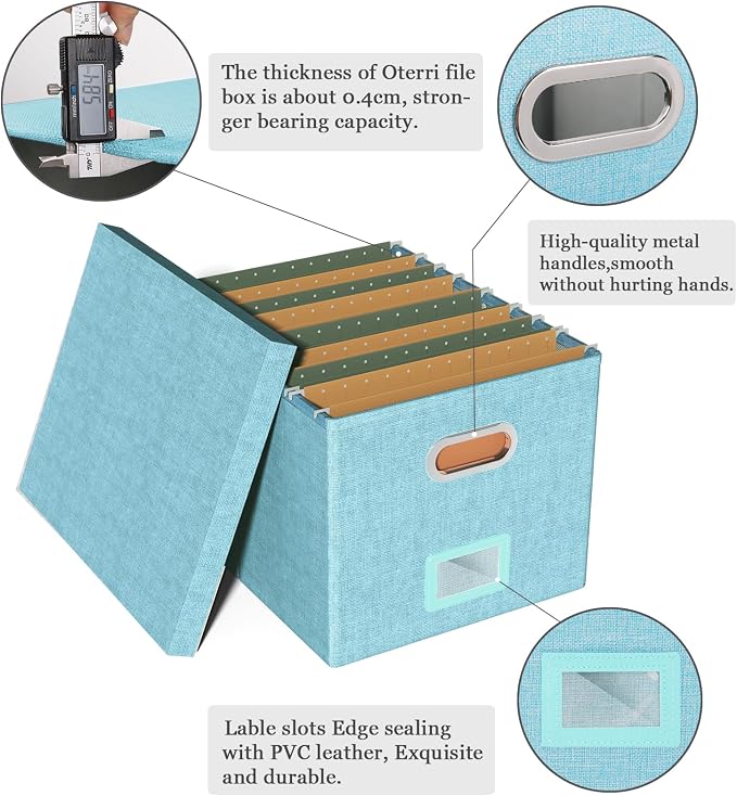 Oterri 2 Pack File Storage Organizer Box,Filing Box,Portable File Box with Lid,Fit for Letter/Legal File Folder Storage,Light-blue-Box only
