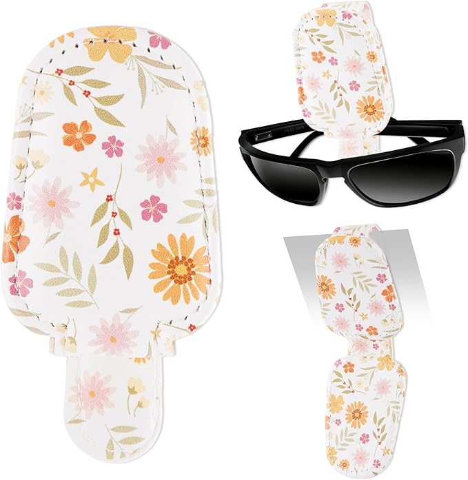 HemerVows Sunglass Holder for Car, Vibrant Floral Print Magnetic Leather Visor Sunglasses Holder Clip, Universal Sun Visor Accessory Eyeglass Clip for SUV Pickup Truck