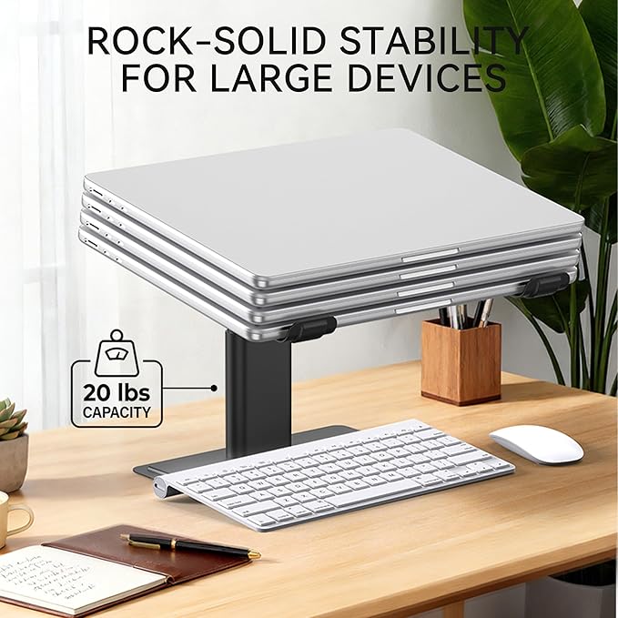 SOUNDANCE Adjustable Laptop Stand, Ergonomic Aluminum Riser for 10-17.3” Notebooks, Ventilated Metal Holder with Height Alignment for Desk Workspace, Black