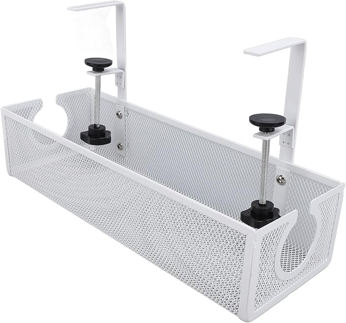 Under Desk Cable Management Tray, Carbon Steel Cord Organizer with Side Round Hole and Trapezoidal Design, Metal Desk Cable Management System for Office Study Workstation (White)