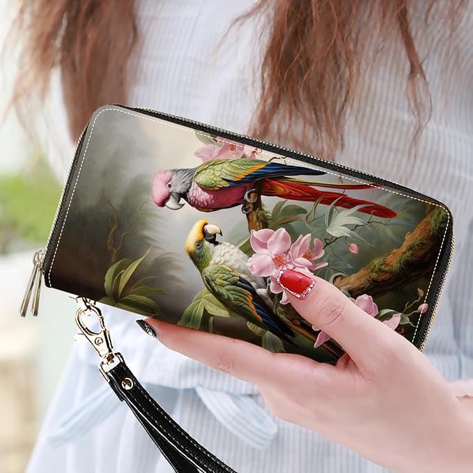 Women's Large Capacity Wallet PU Leather Double Zipper Clutch Purse Multifunctional Wallet with Removable Wristlet Strap for Smart Phone/Coin/Card/Cash, Parrot