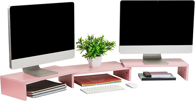 Mind Reader Dual Monitor Stand, Desktop Organizer, Laptop Riser, Office, MDF, 51.25"L x 9.25"W x 4.75"H, Pink