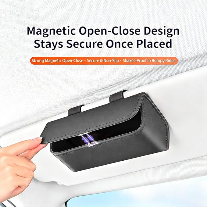 Car Sunglass Holder-Leather Magnetic Large Glasses Case,One-Handed Eyeglass Clip,Universal Auto Sun Visor Accessories