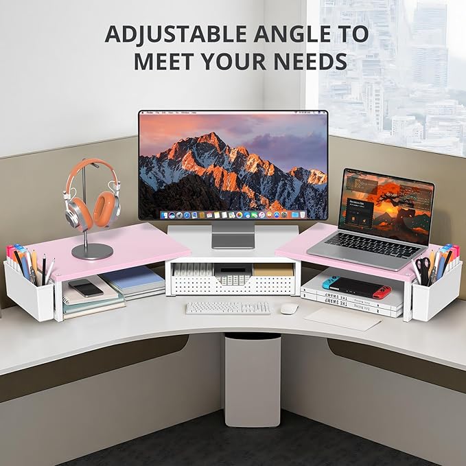OPNICE Desk Organizers and Accessories, Dual Monitor Stand Riser with Drawer and 2 Pen Holders, Desk Shelf Wood Computer Racks for Office Workspace Organizers, Desktop Organization (Pink-White Wood)