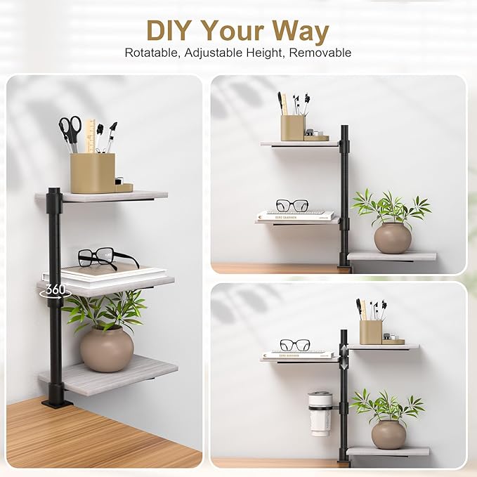3-Tier Clamp On Desk Shelf with Cup Holder, Rotatable Height Adjustable Over or Under Desk Storage Shelves, Heavy Duty Desktop Organizer for Office Dorm Room Gaming Kitchen