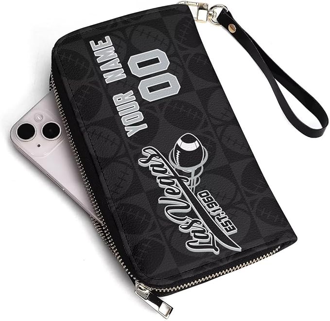 Custom Sports Team Zip Organizer Wallet-Personalized PU Leather Wallet with Name Number,Multi-Card Slots,Wrist Strap,Fan Gift for Men Women.