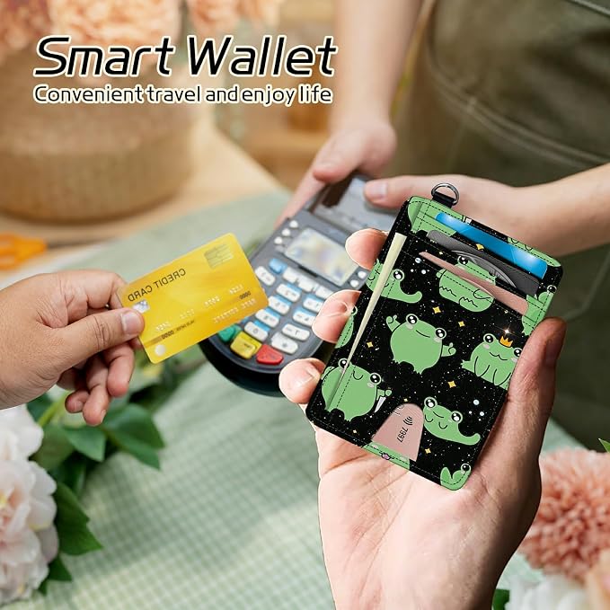 Small Travel Wallets, Princess Frog Slim Minimalist Front Pocket Wallet with Wristlet, RFID Blocking PU Leather Credit Card Holder with ID Window Change Purse for Men Women