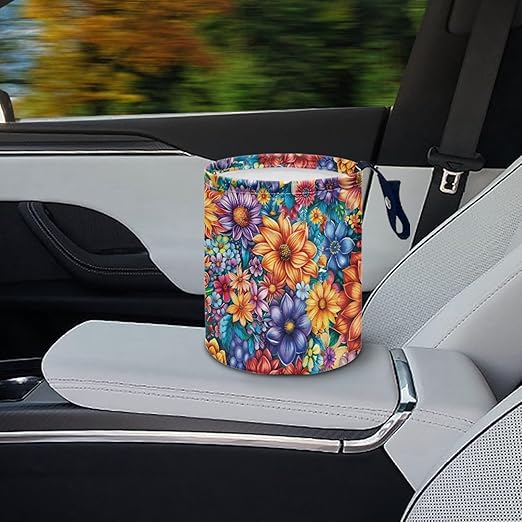 Colorful Flower Auto Garbage Bag Trash Can Collapsible Trash Rubbish Bin Basket Bag Hanging Cup Holder Organizer Car Interior Accessories for Front Seat, Back Seat, Floor, Headrest