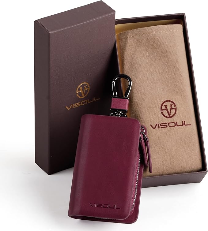 VISOUL Car Key Case Holder Double Zipper, Leather Car Smart Key Fob Case with Keychain for Men and Women