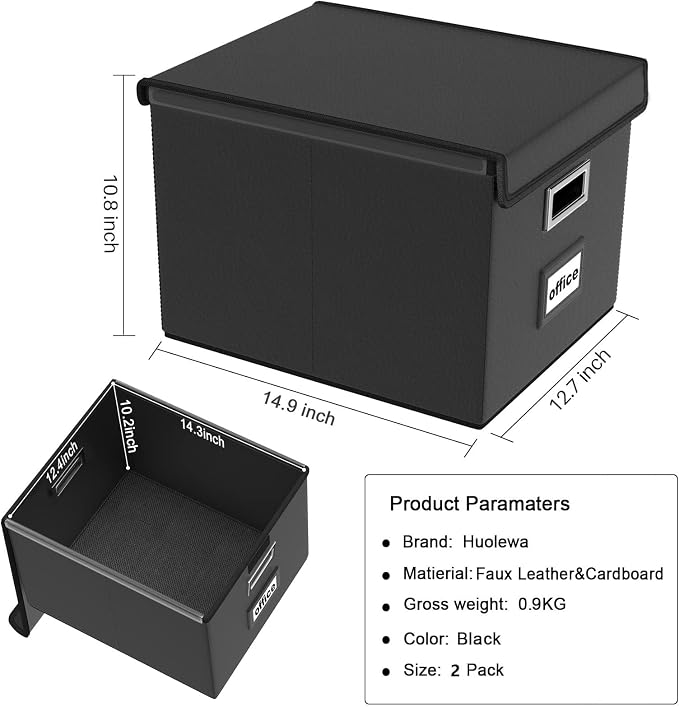 File Organizer Boxes with Lids, Collapsible Faux Leather Hanging File Folder Box Organizer with Plastic Slide, Decorative Home/Office Filing System Boxes for File and Folders Storage