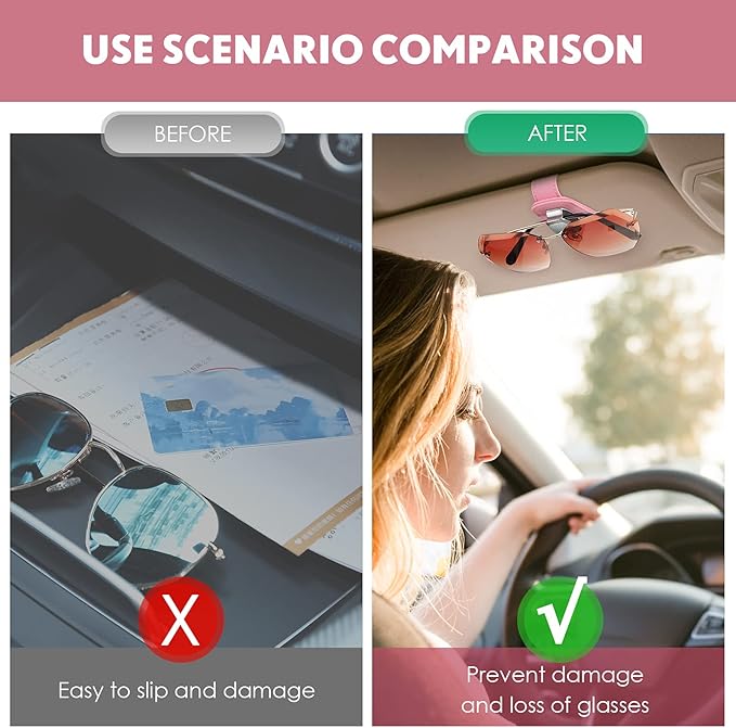 2 Packs Car Glasses Holder Universal Car Visor Sunglasses Holder Clip Leather Eyeglasses Hanger and Ticket Card Clip Eyeglasses Mount for Car (Pink)