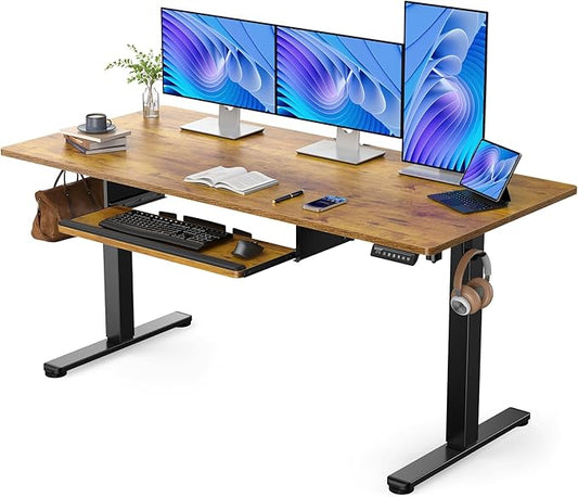 ErGear Large Electric Standing Desk with Keyboard Tray, 63x28 Inches Large Adjustable Height Sit Stand Up Desk, Home Office Desk Computer Workstation, Vintage Brown