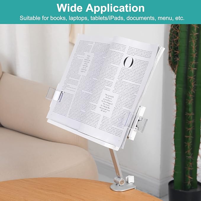 PATIKIL Book Stand for Reading, Metal Reading Rest Book Holder with Page Clips, Height Angle Adjustable, 360° Rotating Arm Suitable for Sheet Music, Laptop