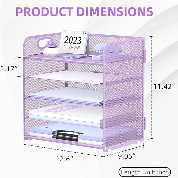 Supeasy 5 Trays Paper Organizer Letter Tray with Handle-Mesh Desk File Holders, Paper Sorter Desk Organizer for Office, Home, Classeoom or School, Purple