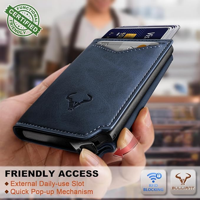 BULLIANT Men Wallet Leather Wallet Card Holders Money Clip for Men 10Cards-Magnetic Flip on Metal Case