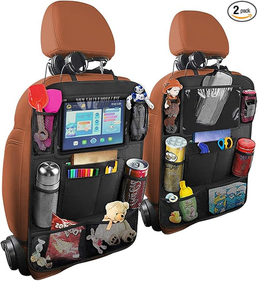 Osilly Car Seat Back Organizer, 2 Pack Backseat Storage Bag with Touch Screen Tablet Holder & 9 Pockets, Durable Waterproof Oxford Fabric, Travel Accessories, Road Trip Essentials for Kids