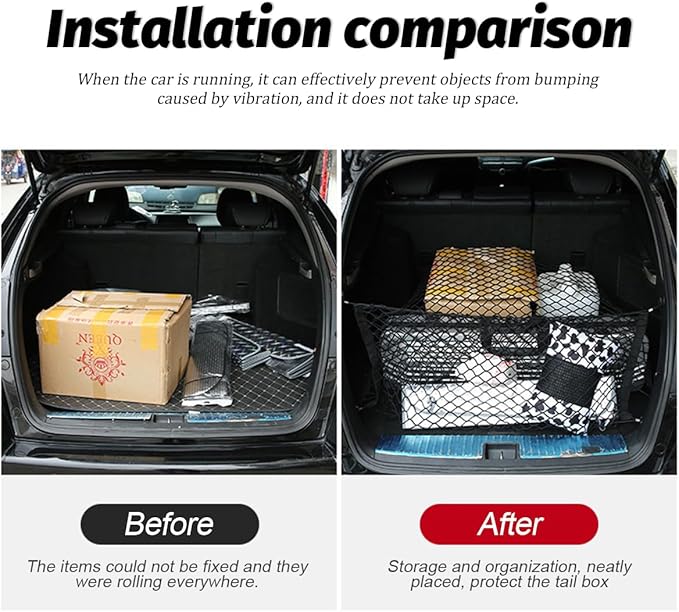 Car Rear Cargo Net, Adjustable Elastic Vehicle Double-Layer Mesh Storage Bag with Hooks, Stretchable Automotive Trunk Organizer Net, Universal for Sedan, RV, Truck (43.4" x 15.74")