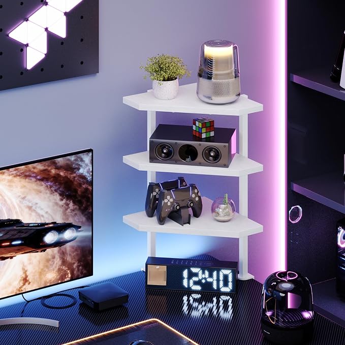 MAHANCRIS Clamp on Desk Corner Organizer, 3-Tier Desktop Shelf, Adjustable Desk Corner Storage Shelf with Metal Frame, for Office, Game Room,White DSWT5501