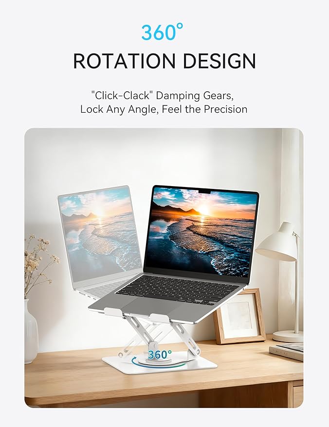 SOUNDANCE 360 Rotating Laptop Stand, Ergonomic Computer Riser for Desk, Adjustable Height Multi-Angle Metal Holder, Foldable Portable Notebook Elevating Base for Office & Home, White