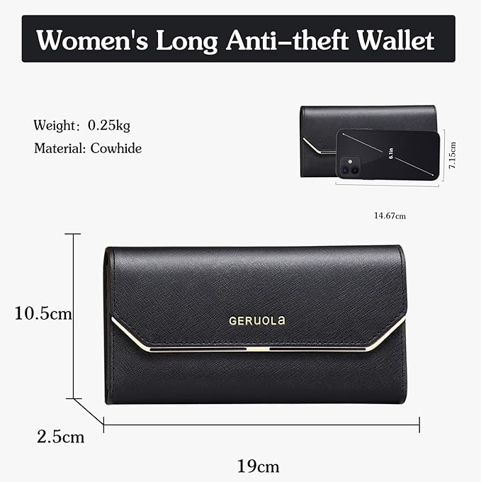 PORRASSO Wallet Women's Leather Purse Card Holder Organizer RFID Blocking Ladies Long Wallet Coin Purse Black