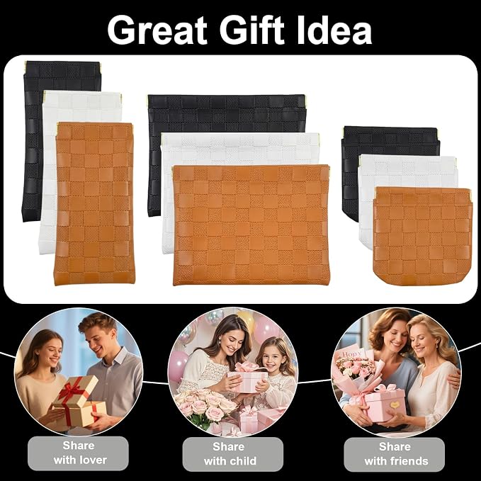 3Pcs Small Makeup Bag for Purse, Waterproof Portable Checkered Leather Makeup Pouch, Small Purse Pouches for Purse Small Coin Purse Organizer Pouches Snap Closure Pocket Cosmetic Bag for Women (White)