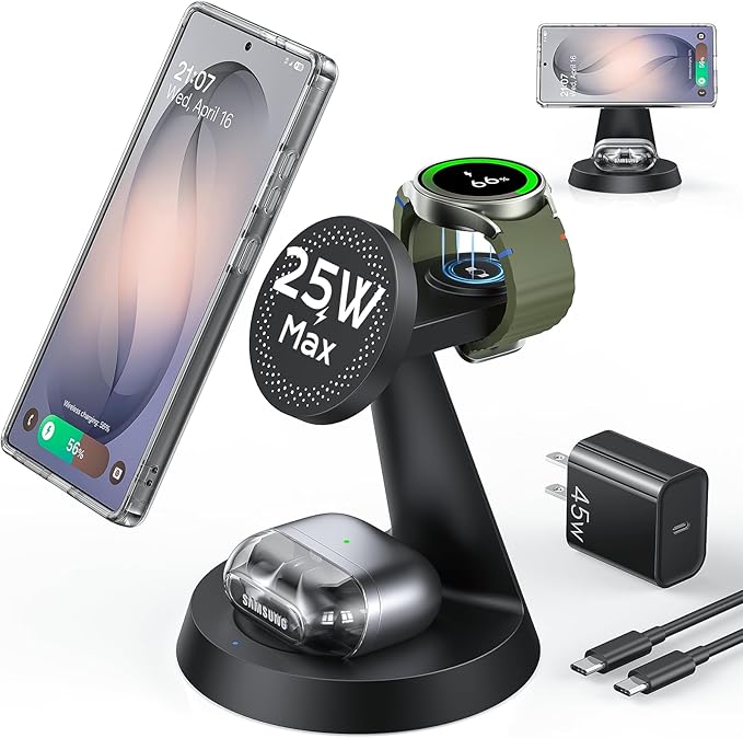 25W Magnetic Wireless Charger for Samsung Galaxy S26 Ultra & 45W Adapter, 3 in 1 Charging Station Design for MagSafe Samsung Charger for S25/Z Fold7, Charger Stand for Galaxy Watch Ultra 8, for Buds