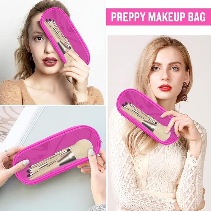 Nylon Small Clear Makeup Bag Slim Pencil Pouch, Cute Pencil Case Makeup Bag Preppy Cosmetic Zipper Pouch for Purse,Travel PVC Toiletry Bag Clutch Coin Pouch Makeup Organizer for Women Girls(Hot Pink)