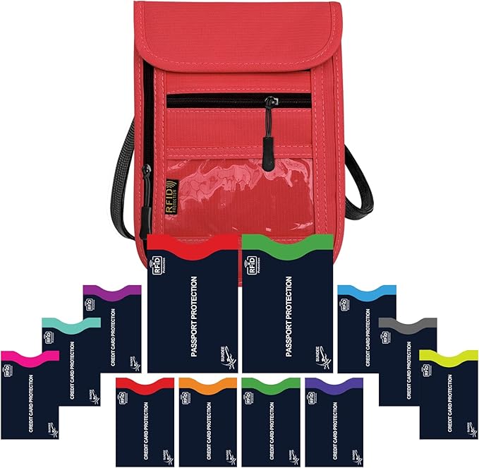 Travel Neck Wallet & RFID Blocking Sleeves for Men and Women, Neck Money Pouch Anti Theft Travel Document Organizer with Adjustable Strap - Red