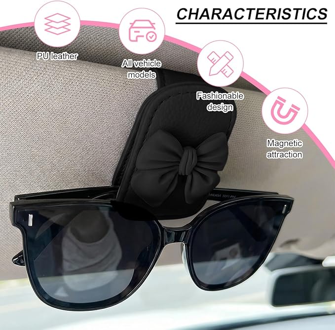 Bittwee Sunglasses Holder for Car Visor, Magnetic Cute Bow Leather Sun Visor Eyeglasses Mount & Ticket Card Clip, Magnet Automotive Interior Glasses Hanger Organizer, Universal for Vehicles (Black)