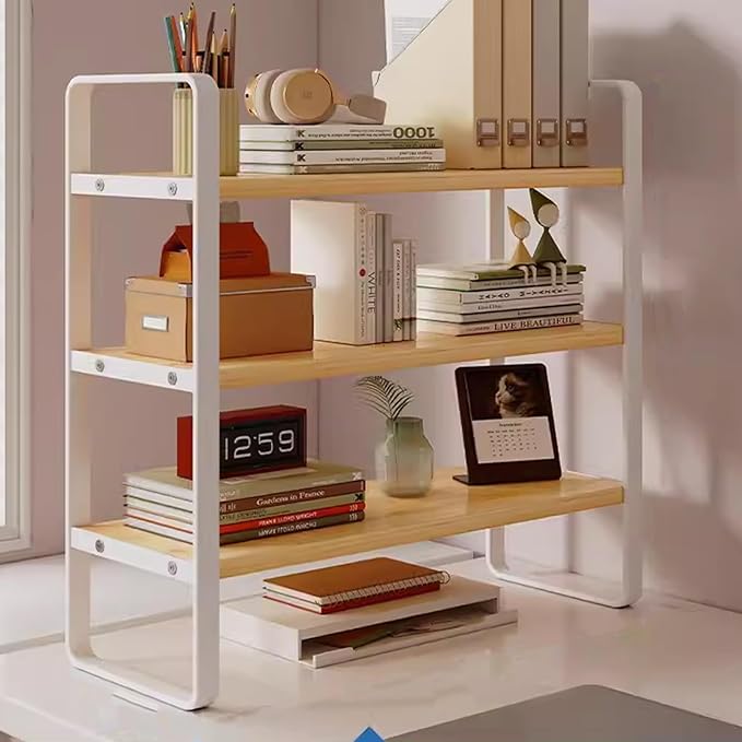Gtzly 3 Tier Desktop Bookshelf Metal Frame Wood Board Rack Shelves Plant Stand for Kids Stationery Organizer Living Room Storage Office Display(Natural,50 * 20 * 60cm)