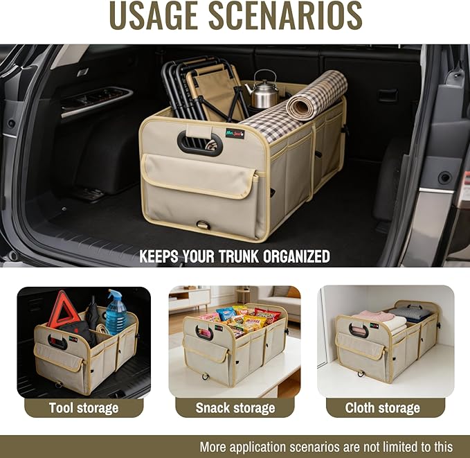 PAT SAM'S Trunk Organizer for SUV, Foldable Car Storage Organizer with Dividers, Waterproof Oxford, Collapsible Car Storage Box with Pockets for Grocery, Tools, Travel (Beige)