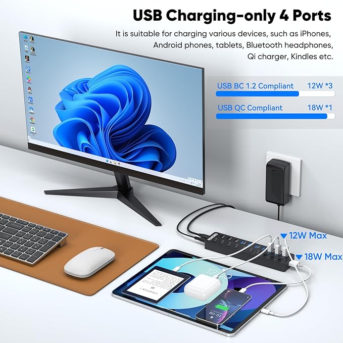 Powered USB C Hub 3.2 11-Port 48W, USB-C 3.2 (10Gbps)*2 + USB-A 3.2 (10Gbps)*1 + USB-A 3.0 (5Gbps)*4 + Power-only Port*4 with 12V/4A Power Adapter High Speed for Laptop PC Phone SSD HDD Flash Drive