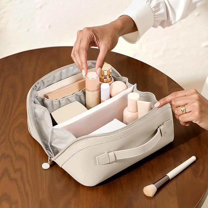 mibasies Flat Lay Open Travel Makeup Bag, Dual-Zipper Diagonal Cosmetic Bag, Large Capacity Waterproof Toiletry Bag for Women
