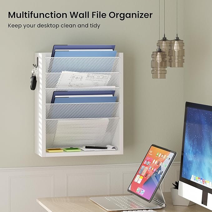 Mail Organizer Wall Mounted, 6-Tier Wall File Organizer with 2 Hooks, Wooden Desk Organizer Magazine Holder with Bottom Flat Tray, for Office Home, White