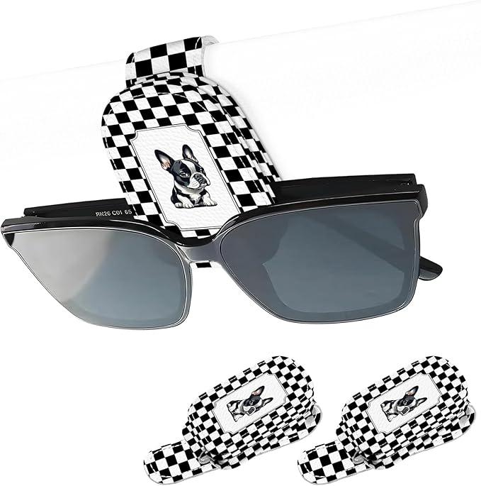 2 Pack Magnetic Leather Sunglass Holder, Universal Magnetic Car Eyeglass Hanger Clip for Different Size Eyeglasses, Car Visor Accessories (Checkered Dog)