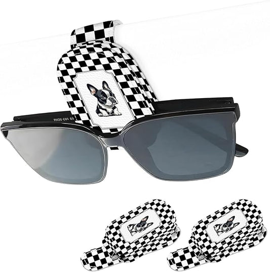 2 Pack Magnetic Leather Sunglass Holder, Universal Magnetic Car Eyeglass Hanger Clip for Different Size Eyeglasses, Car Visor Accessories (Checkered Dog)