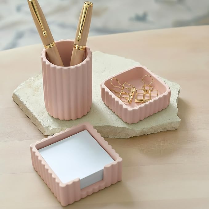 KIBAGA Modern Aesthetic Desk Accessories Set of 3 - Stylish Pink Concrete Organizers for Pens & Office Supplies - A Cute and Functional Addition to Your Workspace Decor