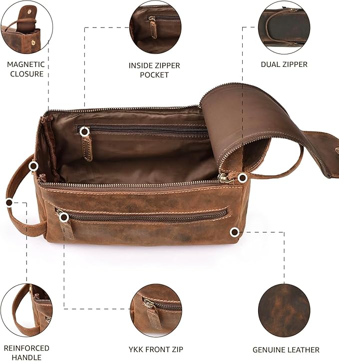 Hindoro Premium Buffalo Leather Travel Toiletry Bag - Unisex Water-Resistant Vintage Travel Pouch Kit, Shaving & Cosmetic Organizer for Men & Women - Compact Bathroom Essentials - Distressed Brown
