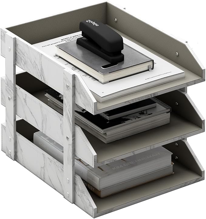 Leather Desk Organizer, Thipoten 3-Tier Stackable Letter Tray Holder for Office Supplies, Paper, File, Magazine, Perfect Office Organization for Desktop (White-3Tiers)