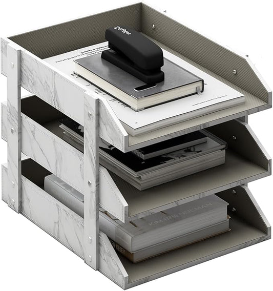 Leather Desk Organizer, Thipoten 3-Tier Stackable Letter Tray Holder for Office Supplies, Paper, File, Magazine, Perfect Office Organization for Desktop (White-3Tiers)