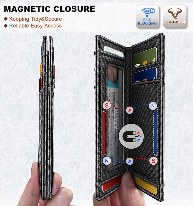BULLIANT Slim Wallet For Men 12Cards,Magnetic Flip Build-in Money Clip Airtag Compatible-RFID Blocking