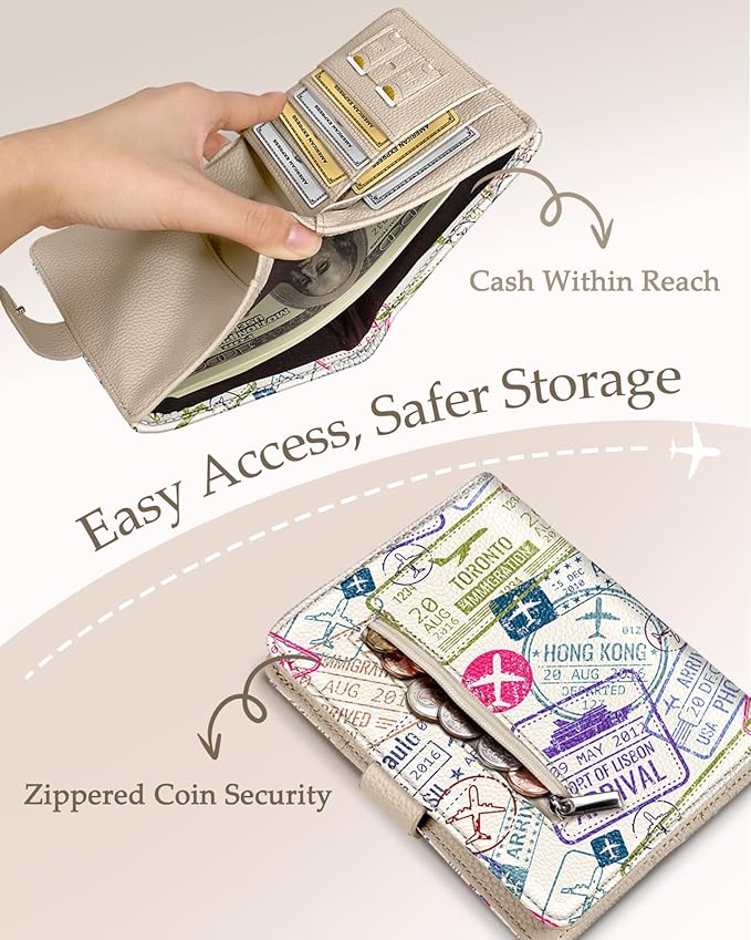 Slohif Passport Wallet Holder Cover for Travel - Women Men RFID Blocking Passport Book Case Protector, Cream Stamp Airplane Leather Personalized Organizer Slim Carrier Boarding Pass Cards Slots